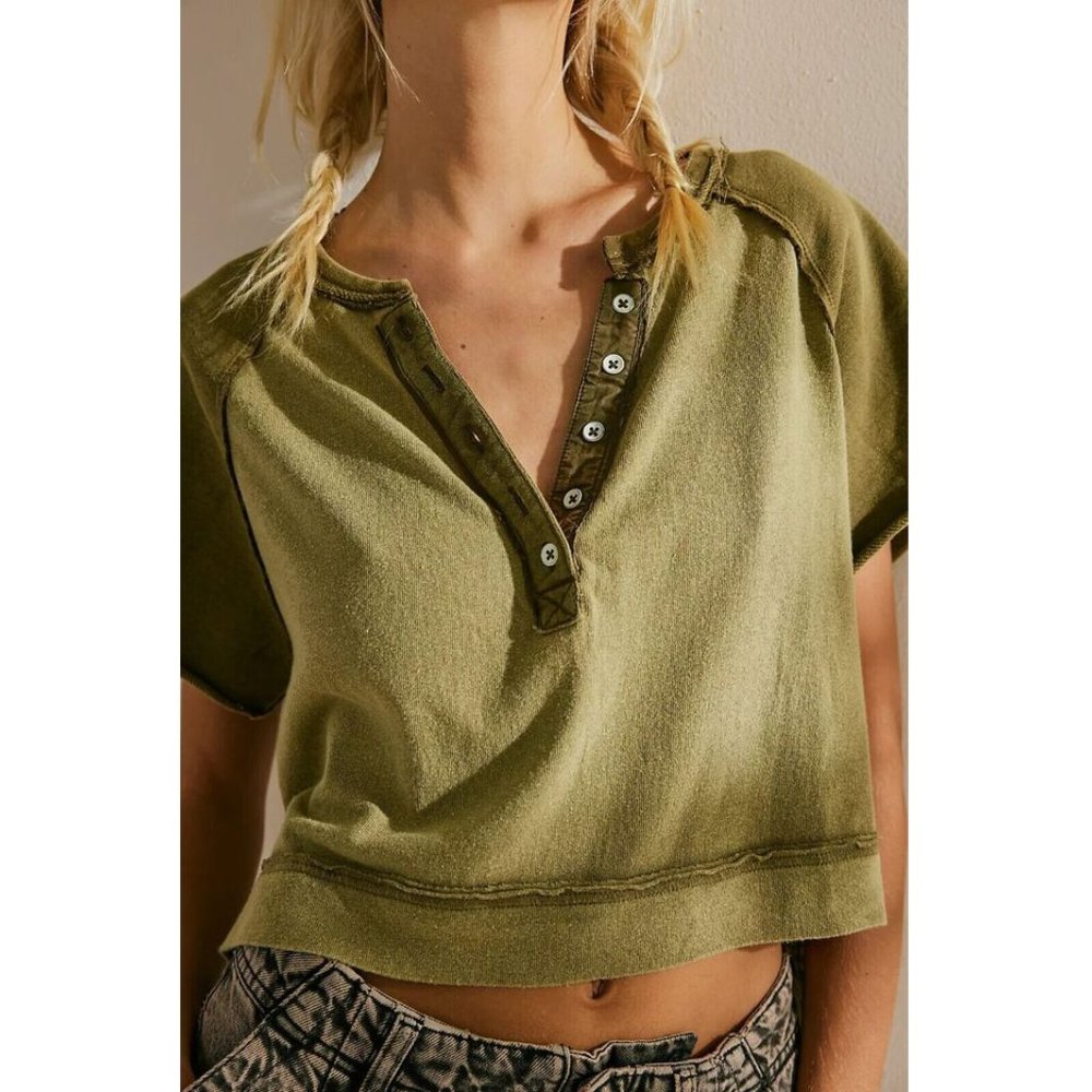 Free People We The Free Eyes Closed Henley Cropped Top Cotton Slouchy M - Picture 2 of 8